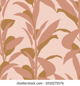 Minimalist vector illustration with pink and brown leaves. Seamless pattern. Ficus. Foliage, nature. For wrapping paper, as background, wallpaper, textile. Natural colors.