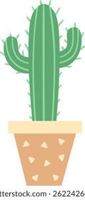 Minimalist vector illustration of a potted saguaro cactus isolated on a white background, representing concepts of home decoration, desert plants, and southwestern aesthetics