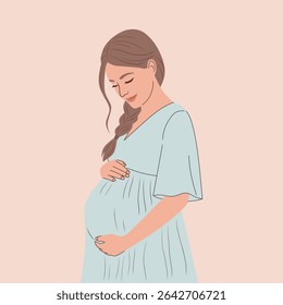 Minimalist vector illustration of a pregnant woman with a calm expression in a pastel blue dress. Soft tone maternity art highlighting the beauty of pregnancy