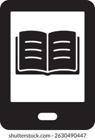 Uma ilustração vetorial minimalista apresenta um leitor eletrônico moderno exibindo um livro aberto. Este design versátil, renderizado em um estilo monocromático preto e branco limpo, 
