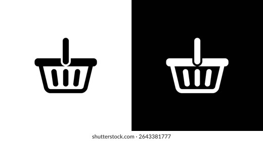 A minimalist vector illustration presents a shopping basket icon in both black on white and white on black versions, perfect for website and graphic design use.