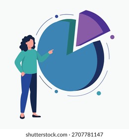 Ilustración vectorial minimalista de un Profesional que analiza un gráfico circular interactivo en 3D para representar información exhaustiva de datos y toma de decisiones estratégicas