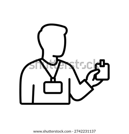 Minimalist vector illustration of a professional holding a smartphone, wearing a blank ID badge, ideal for business, technology, and corporate design projects.