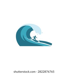Minimalist Vector Illustration of a Professional Surfer Riding a Large Blue Barrel Wave in the Ocean