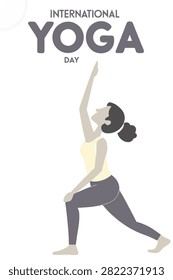 Minimalist vector illustration promoting International Yoga Day, featuring a woman demonstrating the Anjaneyasana (crescent lunge) yoga posture.