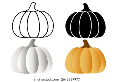 minimalist vector illustration of pumpkins in four distinct styles: transparent outline, black and white line art, flat grey, and a fully colored orange pumpkin