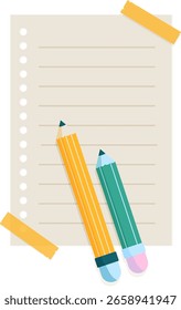 Ilustração vetorial minimalista de uma folha de papel perfurada colada com fitas washi coloridas e dois lápis amarelos e verdes sobre ela
