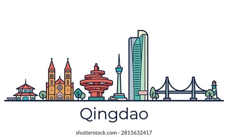 A minimalist vector illustration of the Qingdao skyline featuring historical and modern landmarks for travel and tourism designs.
