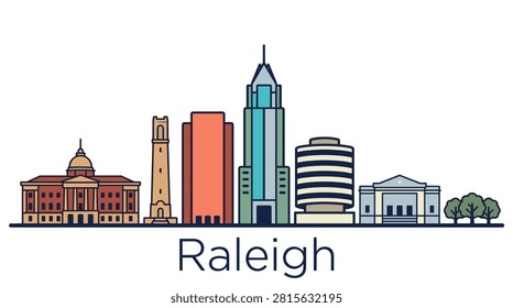 A minimalist vector illustration of the Raleigh North Carolina skyline featuring famous landmarks for travel, tourism, and local business graphic designs.