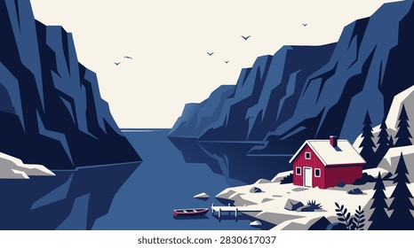 A minimalist vector illustration of a red cabin nestled by a tranquil fjord with steep cliffs and a small boat.