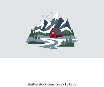 A minimalist vector illustration of a red cabin nestled in snowy mountains.