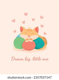 Minimalist vector illustration of red cat in balls of thread for knitting