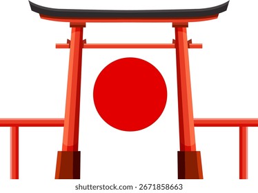 Minimalist vector illustration of red torii gate and sun, flat design, bold colors, centered composition