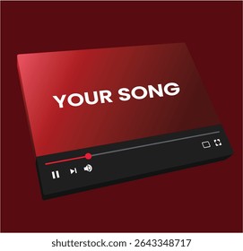 Uma ilustração vetorial minimalista de um reprodutor de vídeo vermelho com a SUA MÚSICA apresentada na tela e os controles básicos de reprodução