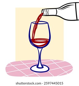 Minimalist Vector Illustration of Red Wine Being Poured into a Glass