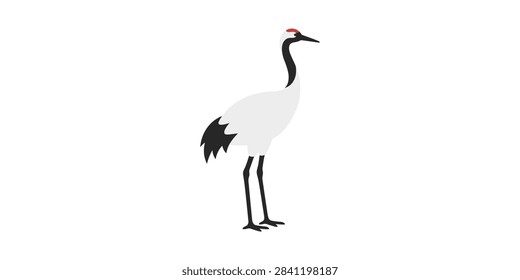 A minimalist vector illustration of a red-crowned crane standing isolated against a clean white background.