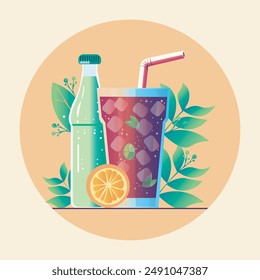 Minimalist vector illustration, refreshing cocktail, glass bottle, green mint leaves, icon in a pastel circle.