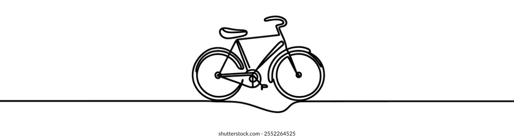 Ilustración vectorial minimalista que representa una bicicleta de pie en una carretera, hecha como un dibujo de línea continua