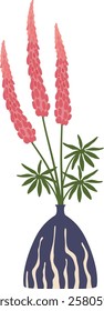 Minimalist vector illustration representing a bouquet of pink lupine flowers with green leaves in a striped vase, creating a simple yet elegant decorative element