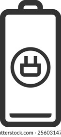 Minimalist vector illustration representing a charging battery, featuring a prominent plug symbol and a charge level indicator, symbolizing portable power and energy replenishment