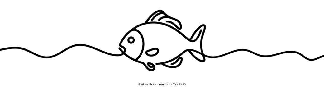 Ilustração vetorial minimalista representando um peixe nadando, desenhado com uma única linha ininterrupta