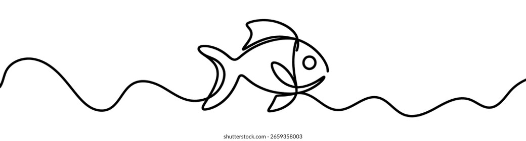  Minimalist vector illustration representing a fish swimming, drawn with a single unbroken line