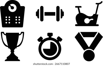 Ilustración vectorial minimalista que representa el estilo de vida del gimnasio, los íconos del gimnasio y los símbolos del entrenamiento deportivo para diseños modernos de entrenamiento y vida saludable.