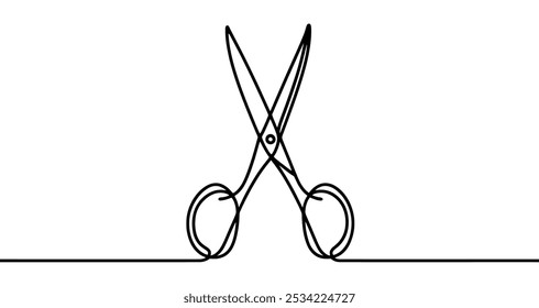 Minimalist vector illustration representing a pair of scissors, using a single continuous line