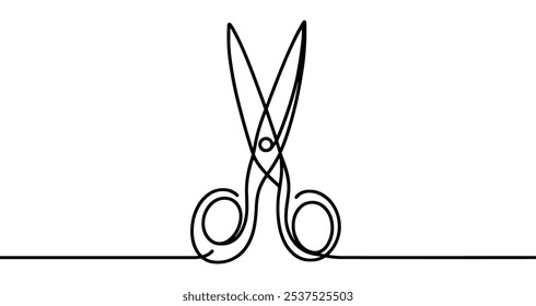Ilustração de vetor minimalista representando um par de tesouras, usando uma única linha contínua. Ilustração vetorial.