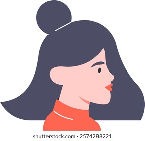 Minimalist vector illustration representing the profile of a female character with long dark hair tied in a bun, wearing a red turtleneck, useful for avatars or social media