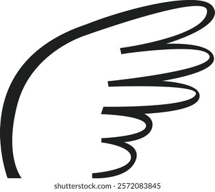 Minimalist vector illustration representing a simple black curved wing spreading on a white background, ideal for projects related to freedom, flight, and spirituality