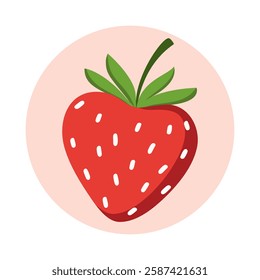 Minimalist vector illustration of a ripe red strawberry with green leaves on a soft pastel background. Simple, modern, and fresh design perfect for icons, stickers, and branding.