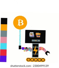Minimalist vector illustration of a robot holding a sign with one of the crypto logos 
