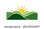 A minimalist vector illustration of rolling green hills with a bright yellow sun rising in the background on a clean white background.