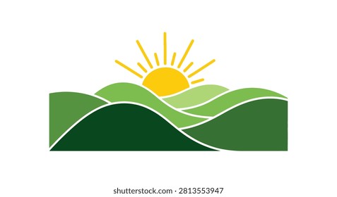 A minimalist vector illustration of rolling green hills with a bright yellow sun rising in the background on a clean white background.