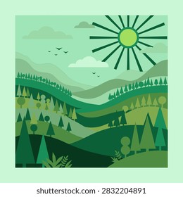 Minimalist vector illustration of rolling green hills, pine forest, and a glowing stylized sun with light rays in a layered landscape style.