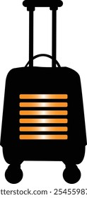 Minimalist vector illustration of a rolling suitcase with orange accents on black, featuring wheels and an extended handle. Ideal for travel and luggage concepts