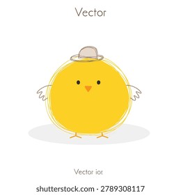 A minimalist vector illustration of a round fluffy yellow chick wearing a tiny brown hat standing on a light grey surface
