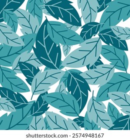 Minimalist vector illustration of rounded leaves in blue and green tones on a blue background, representing nature, harmony and a friendly clean design