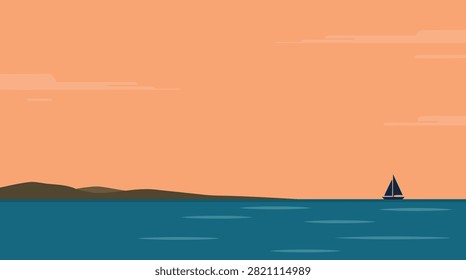 A minimalist vector illustration of a sailboat floating on calm blue water during a peaceful sunset with distant hills.
