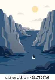Minimalist vector illustration of a sailboat navigating a narrow blue water gorge flanked by tall rocky cliffs under a bright sun.