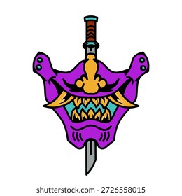 Minimalist vector illustration of a samurai mask with a sword in the middle of the mask.