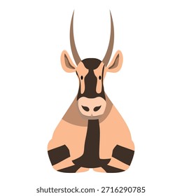 Minimalist vector illustration of a scimitar horned oryx sitting majestically, its long horns curving elegantly against a clean white backdrop