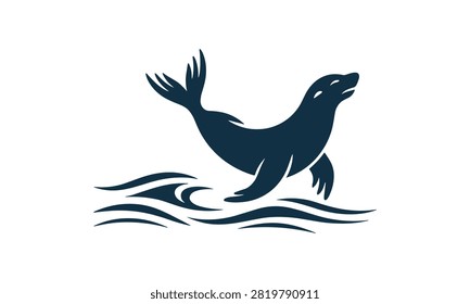 A minimalist vector illustration of a seal jumping out of the water, designed as a clean and modern icon, perfect for marine life and ocean-themed branding.