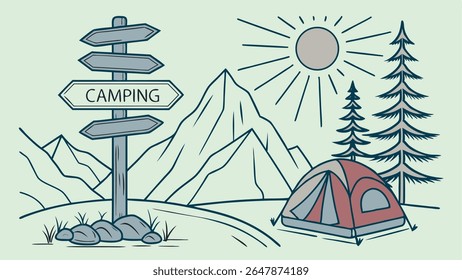 Minimalist vector illustration of a serene camping landscape with mountains, pine trees, a tent, and a "Camping" signpost under a sunny sky.