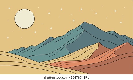 Ilustração vetorial minimalista de uma paisagem serena do deserto com montanhas, lua e estrelas. Cena moderna natureza ao ar livre, perfeito para temas de viagem ou aventura.