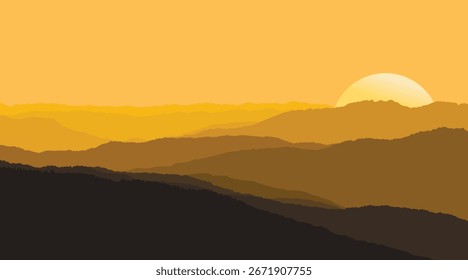 Ilustração vetorial minimalista de um pôr do sol dourado sereno sobre silhuetas montanhosas em camadas, com tons alaranjados e amarelos quentes criando uma vista cênica pacífica.