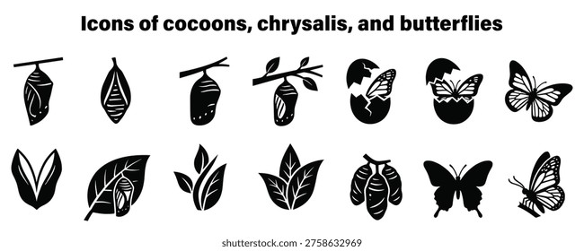 Minimalist vector illustration set depicting the stages of butterfly development, from cocoon and chrysalis to fully formed butterfly. Ideal for educational materials, nature-themed designs, and environmental branding projects.