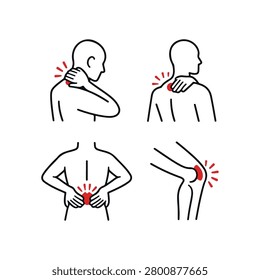 Minimalist vector illustration set depicting various body aches including neck stiffness lower back pain and knee injury.