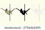 Minimalist vector illustration set featuring a woman performing an aerial dance move on a vertical bar. The triptych composition shows three coordinated versions of the same female athlete: a full-color figure, a bold black silhouette, and a clean line art variation. The performer is captured in a dynamic seated pose with one leg bent and the other extended, while one arm reaches outward, expressing flexibility, strength, balance, and graceful body control. She wears a bright green performance outfit, and her long hair adds elegance and flow to the composition. Soft blue bubble-like circles scattered across the light neutral background create a playful, airy atmosphere with a modern decorative touch. Contemporary flat design with clean outlines, spacious negative space, and balanced visual rhythm. Suitable for themes related to dance, fitness, acrobatics, movement, studio practice, feminine empowerment, active lifestyle, and modern sports illustration. Ideal for posters, editorial projects, branding, social media, prints, and stock graphic collections.